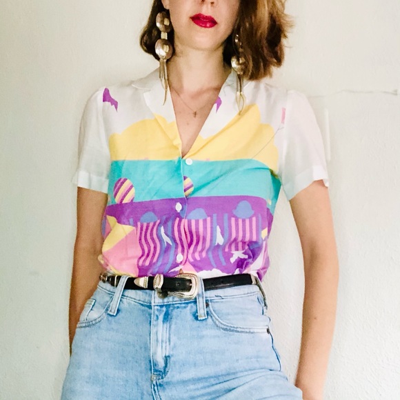 Vintage Tops - 80s VTG Pastel Printed Short Sleeve Shirt